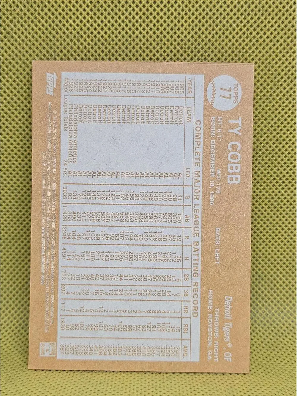 Ty Cobb - HOF - 2025 Topps Archives #77 - Tigers - RAW mint